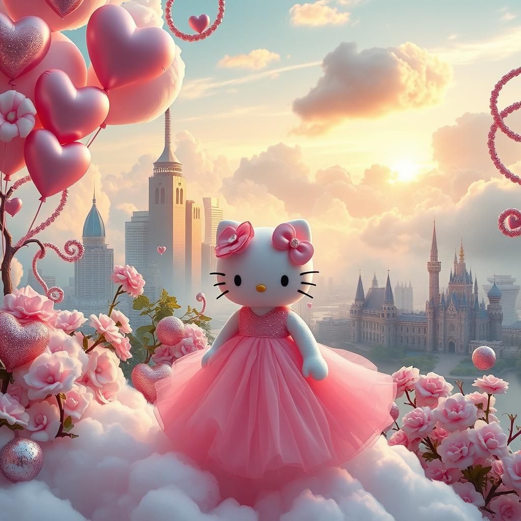 Hello Kitty in Candy Cloud Cityscape, Dreamlike Render