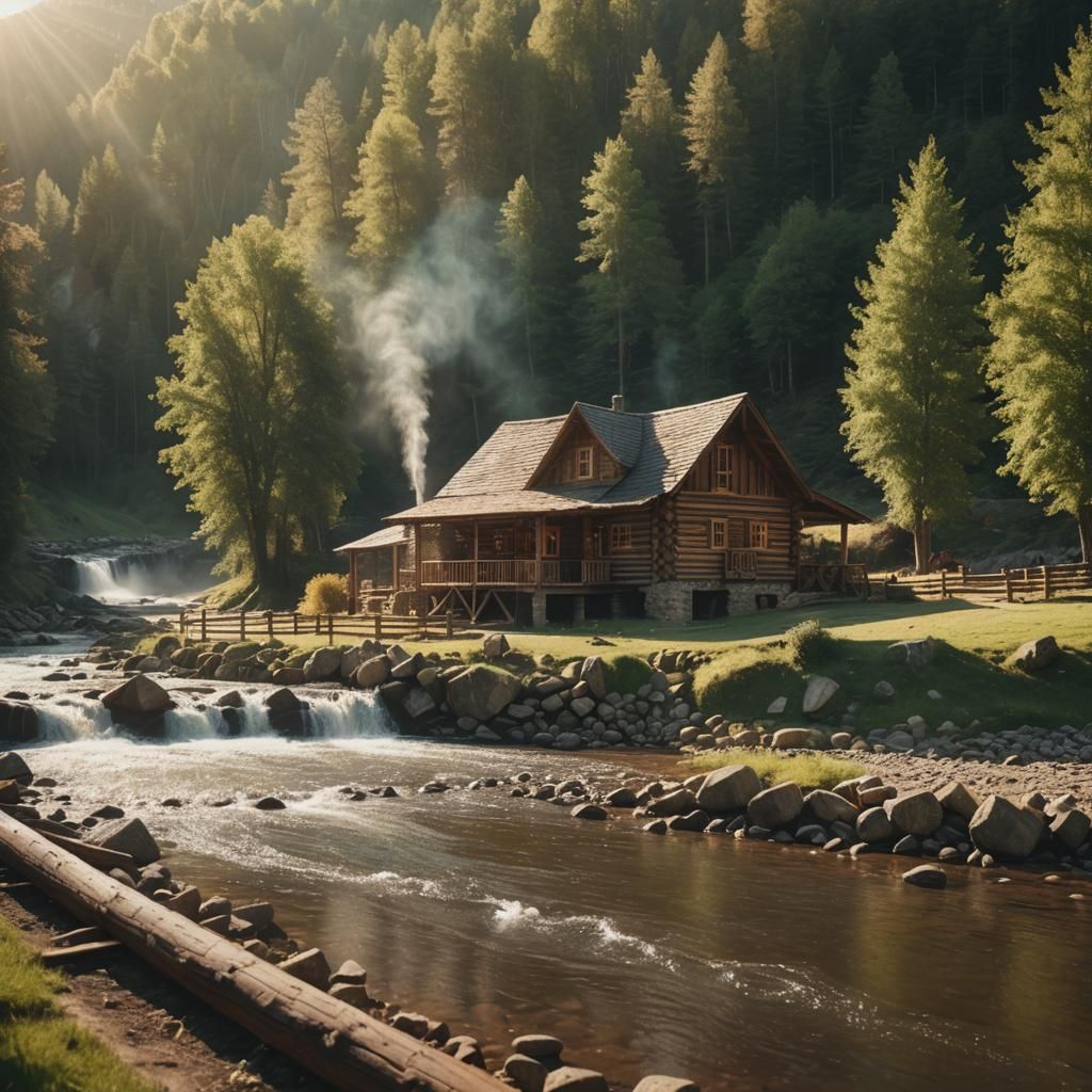 Log Cabin by River with Water Wheel