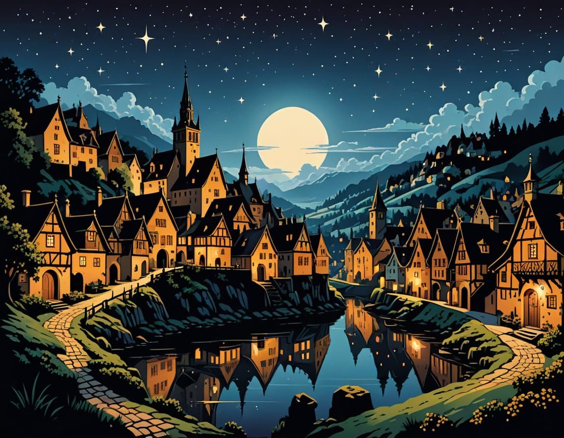 Enchanting Medieval Village at Night: Vintage Serigraphy