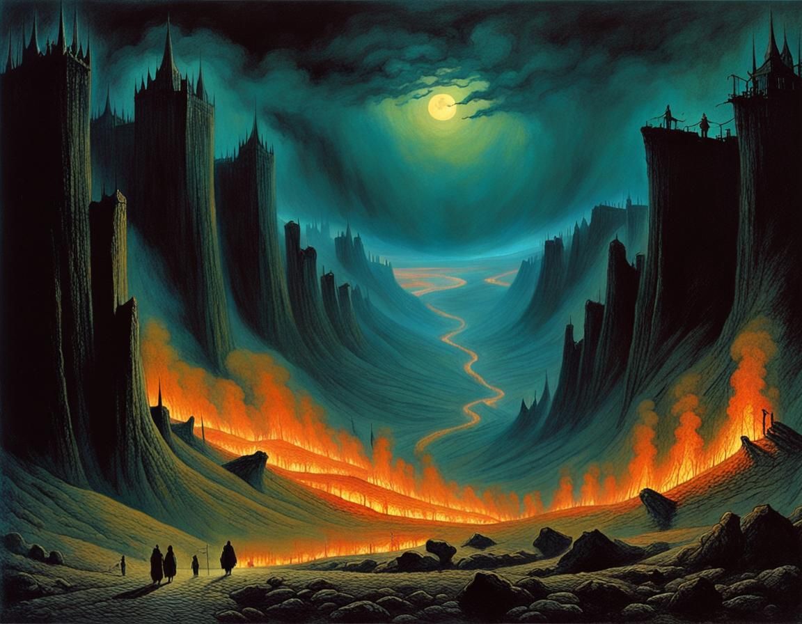 Ominous Dark Fantasy Valley with Torches