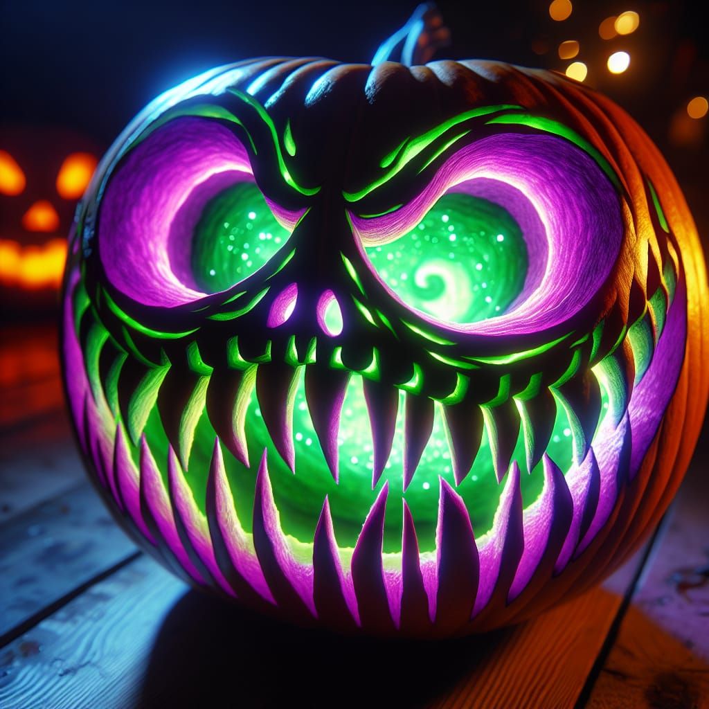 Eerie Glowing Jack O'Lantern Pumpkin at Night