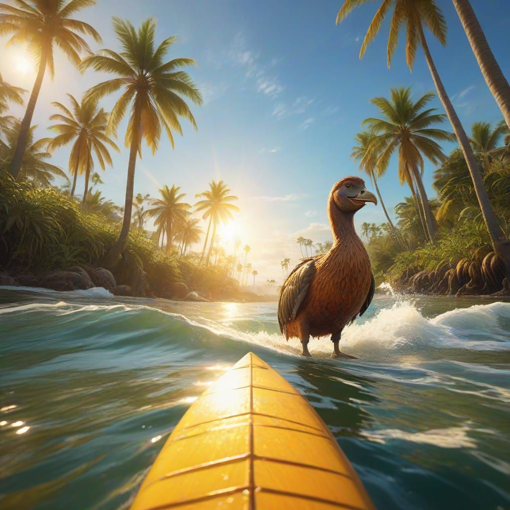 Dodo Surfing a Wave in a Tropical Paradise