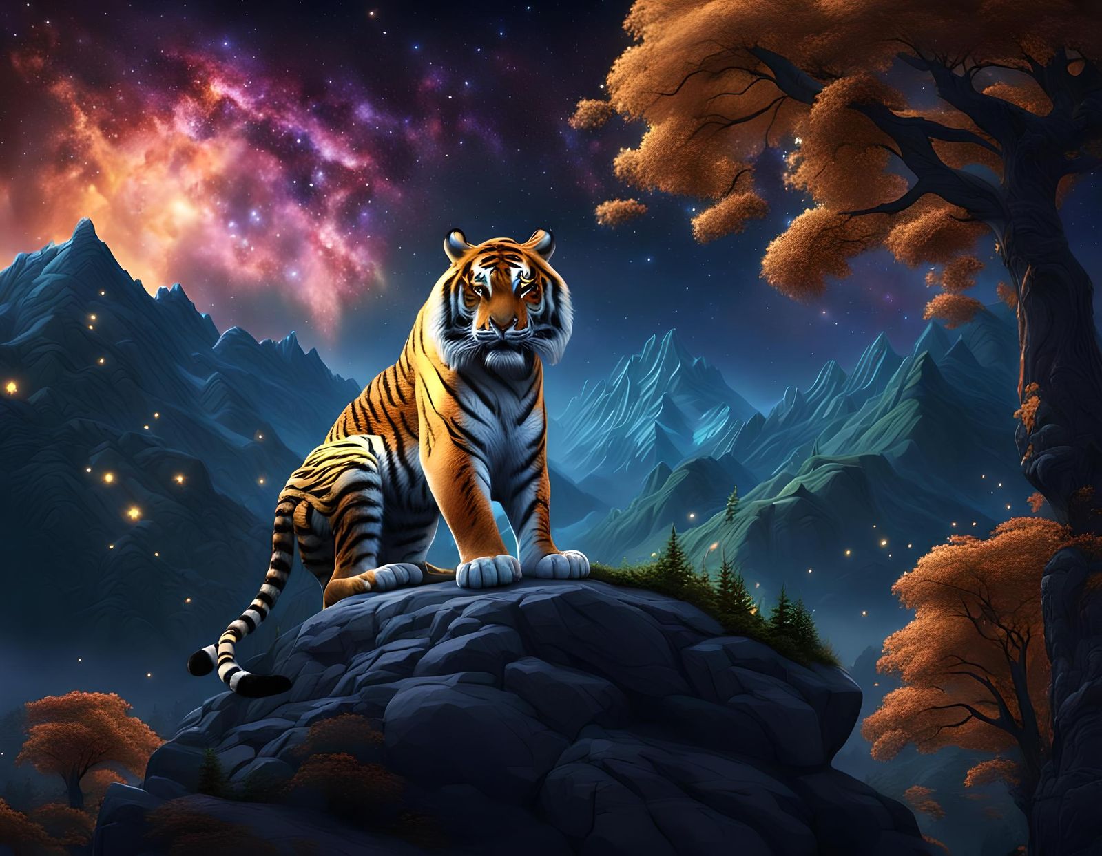 Tiger on Mountain Under Starry Night Sky