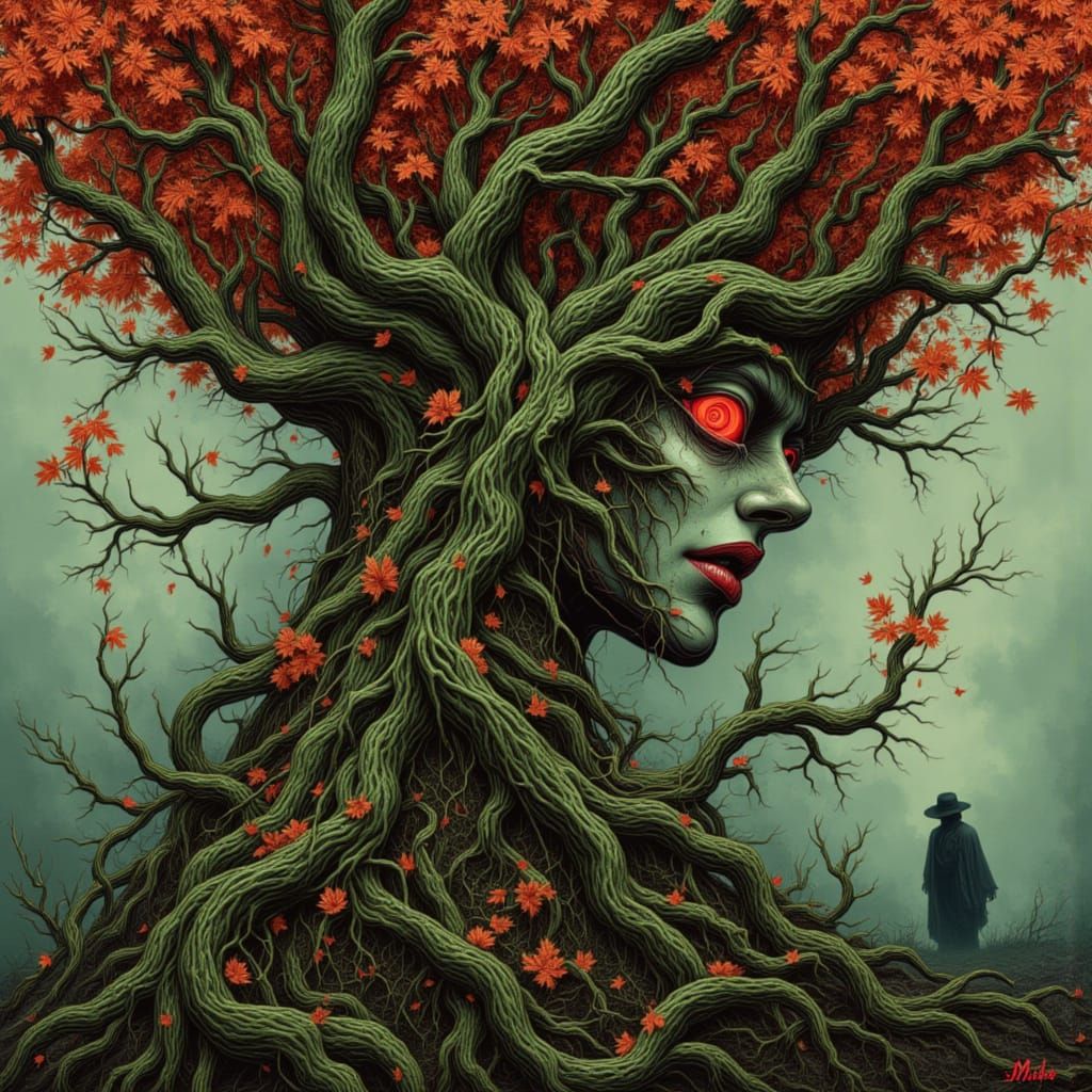 Autumn Tree With Human Features in Abstract Horror Style