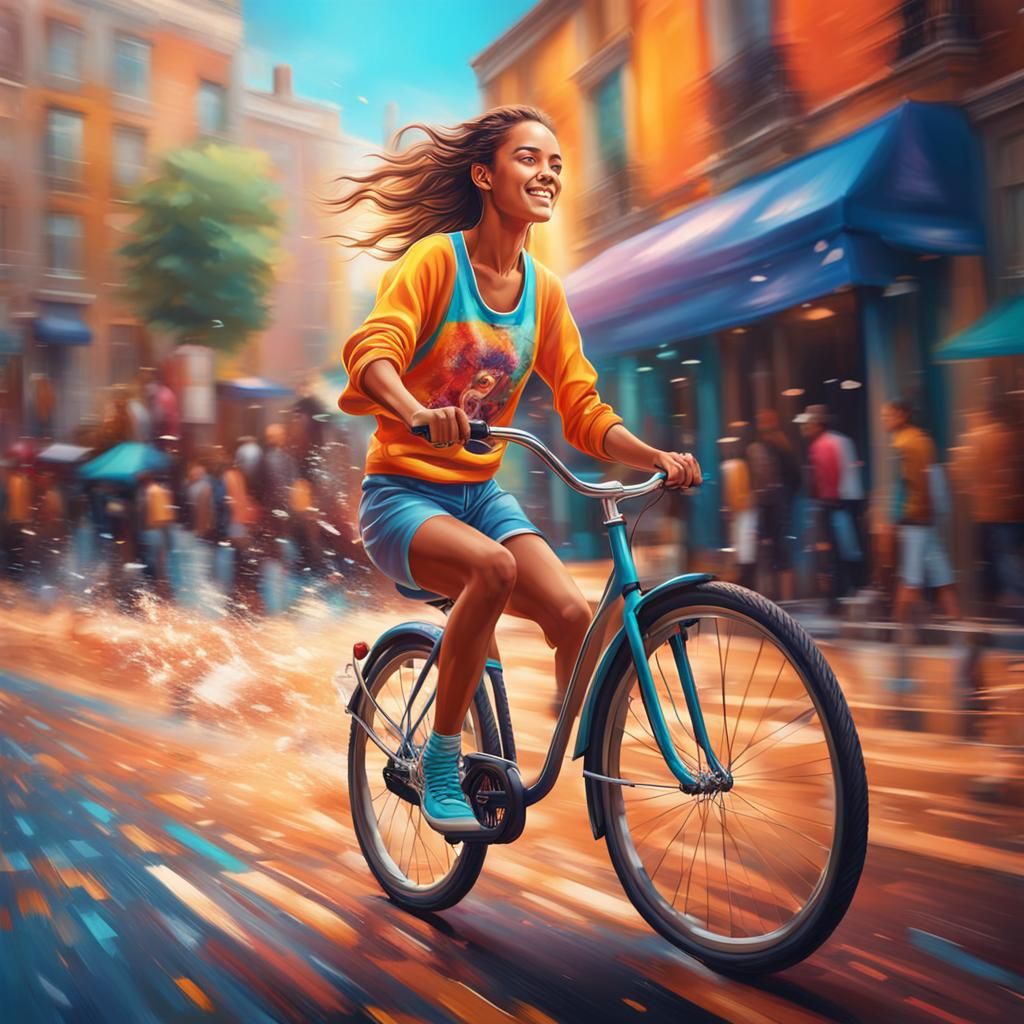 a beautiful young girl with a perfect body riding a bicycle on the street