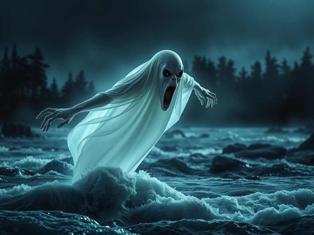 Ethereal Ghost Hovering Above Turbulent River at Night