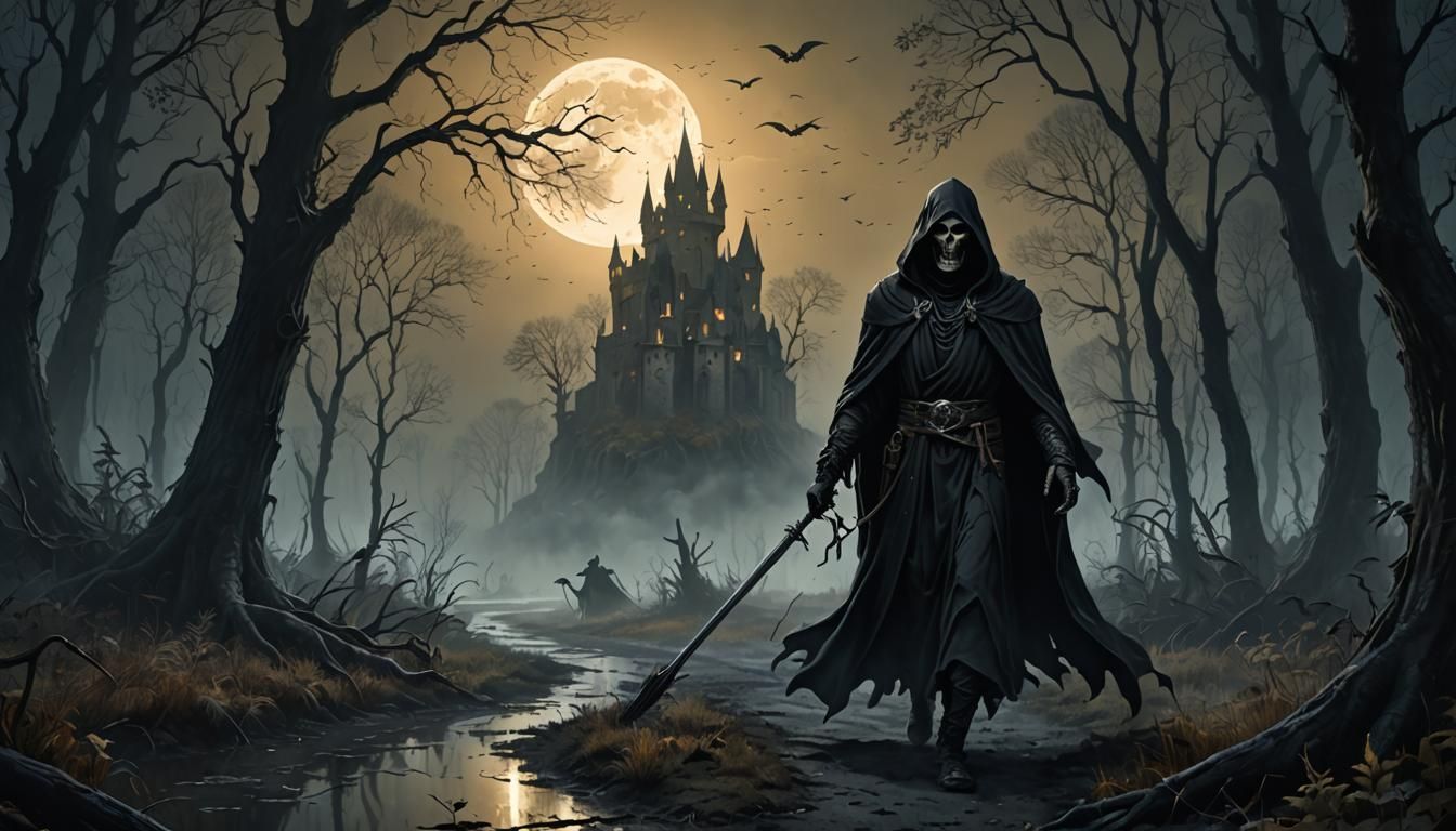 Grim Reaper on Misty Road to Dark Castle