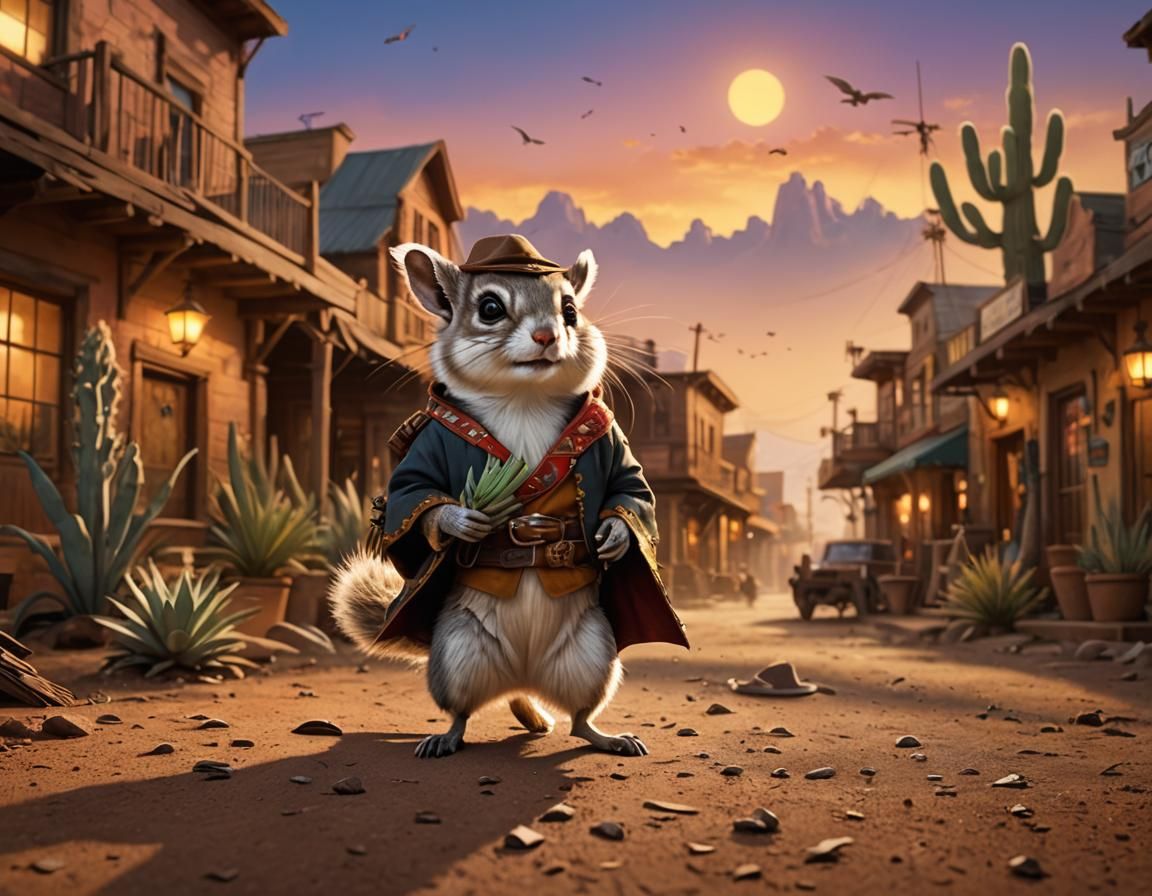 Sombrero Squirrel in Wild West Town: Pixar-Style 3D Art