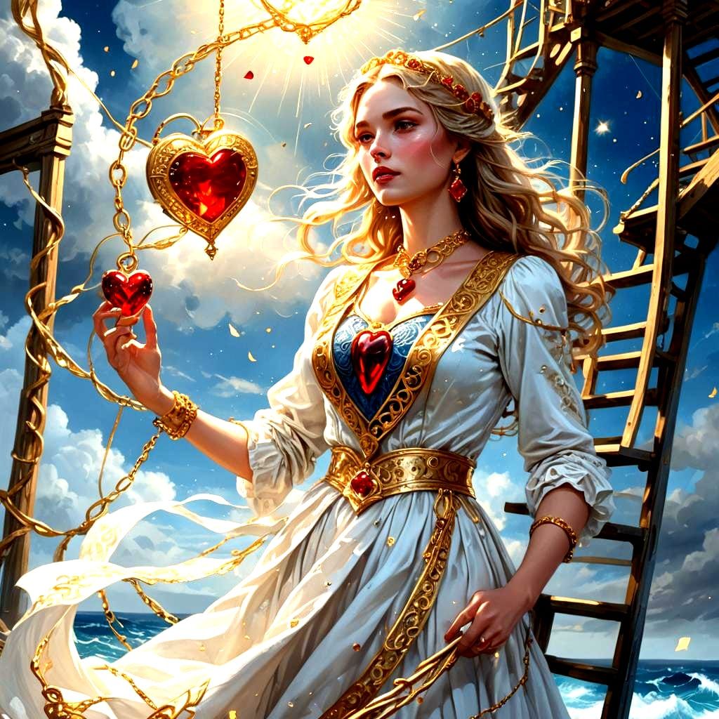 Golden Heart with Chain in Ocean Moonlight, Digital Art