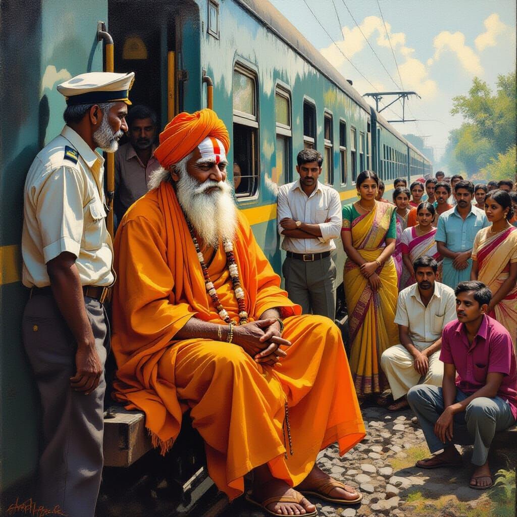 Neem Karoli Baba on Train in Folk Art Style
