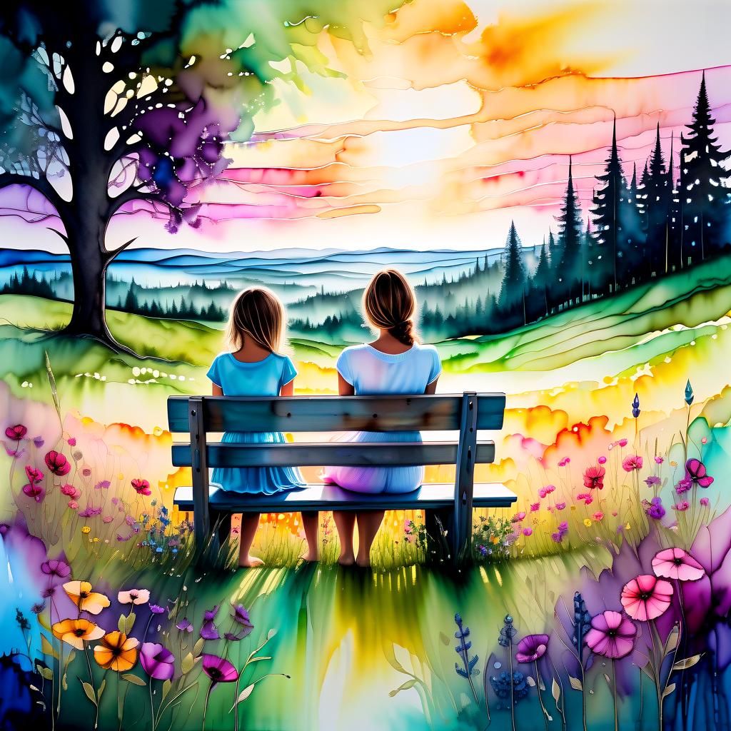 Grandmother and Granddaughter in Meadow, Alcohol Ink Paintin...