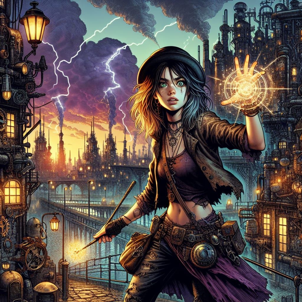 Steampunk City Magician in Thunderstorm, Comic Art