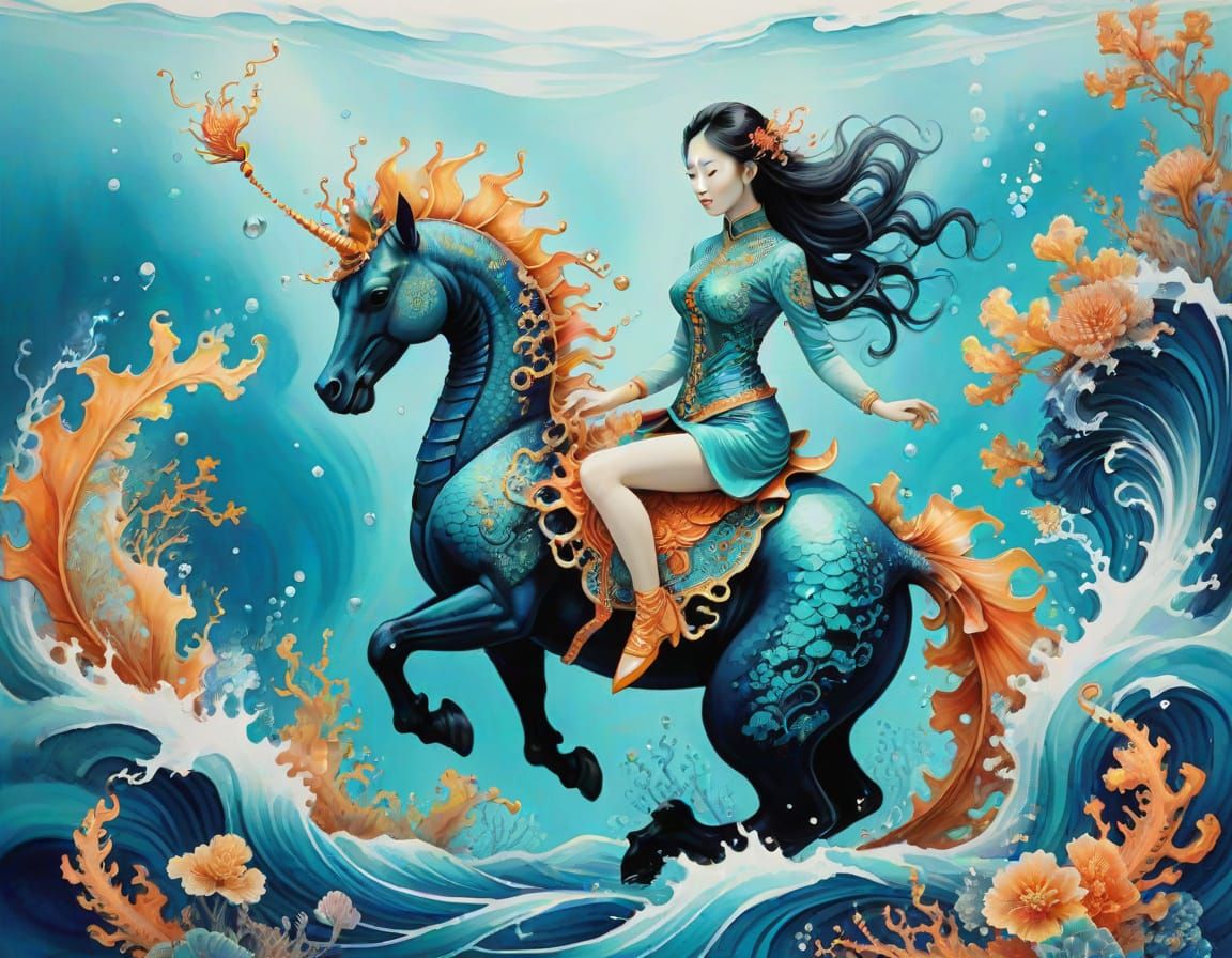 Underwater Fantasy: Woman Riding Seahorse in Chinese Ink Pai...