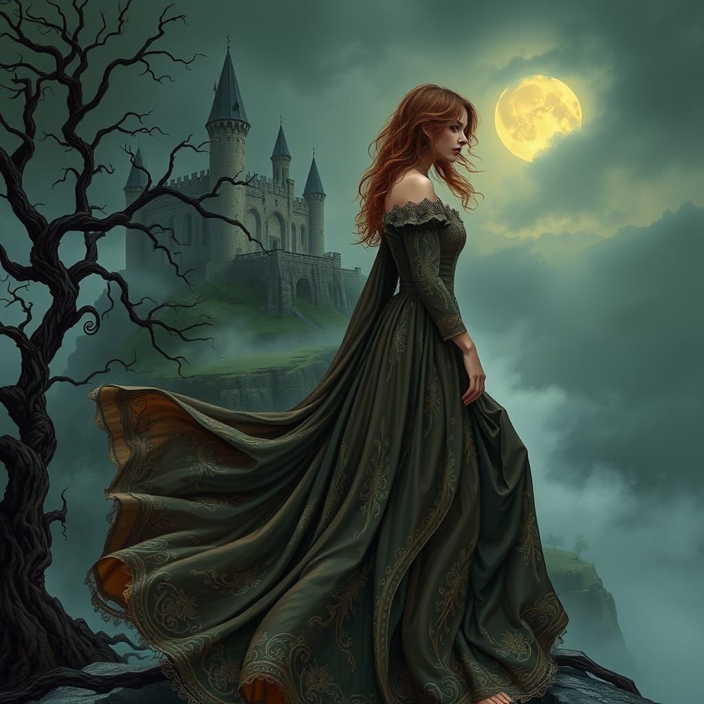 Medieval Goddess on Moonlit Cliff