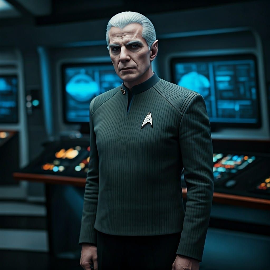 Vulcan on Starship Bridge in Sci-Fi Style