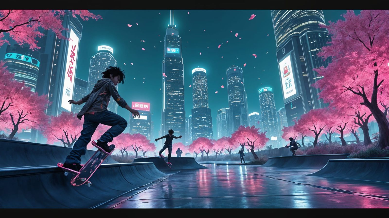Cyberpunk Skate Park at Night, with Holographic Billboards a...