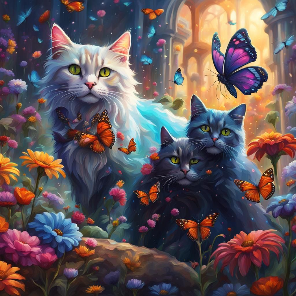 Colorful Mural of Cats, Flowers, and Butterflies