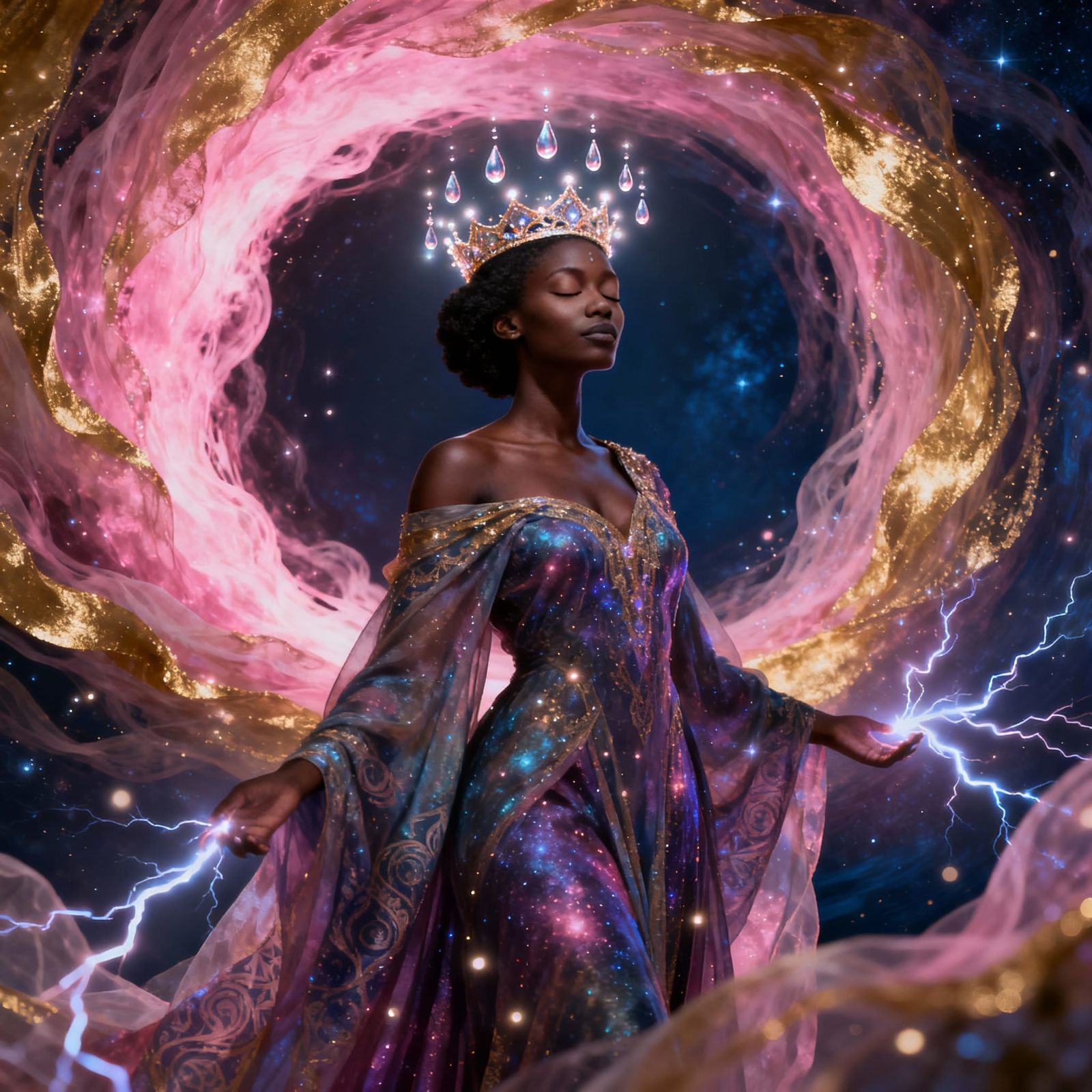 Black Goddess in Cosmic Portal, Regal Spiritual Fantasy