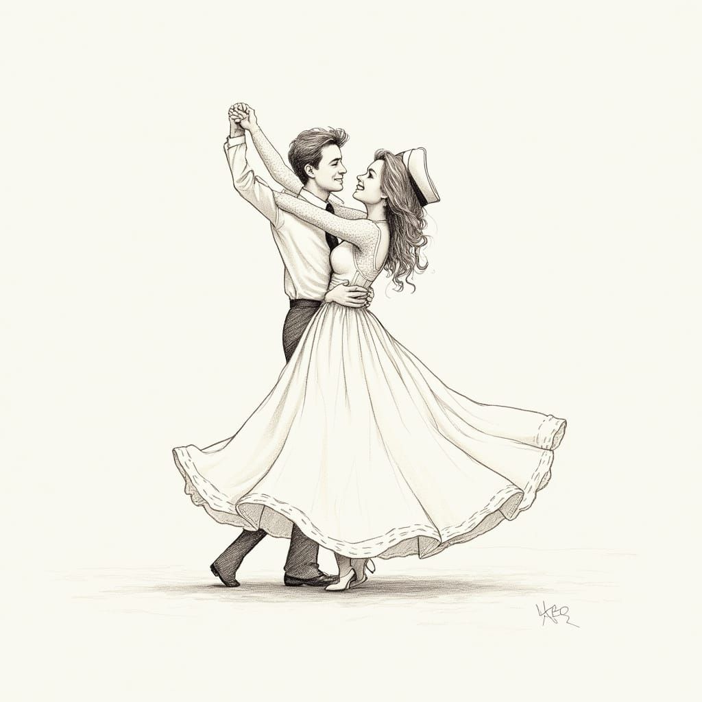 Whimsical Pencil Sketch of Bride and Groom Dancing