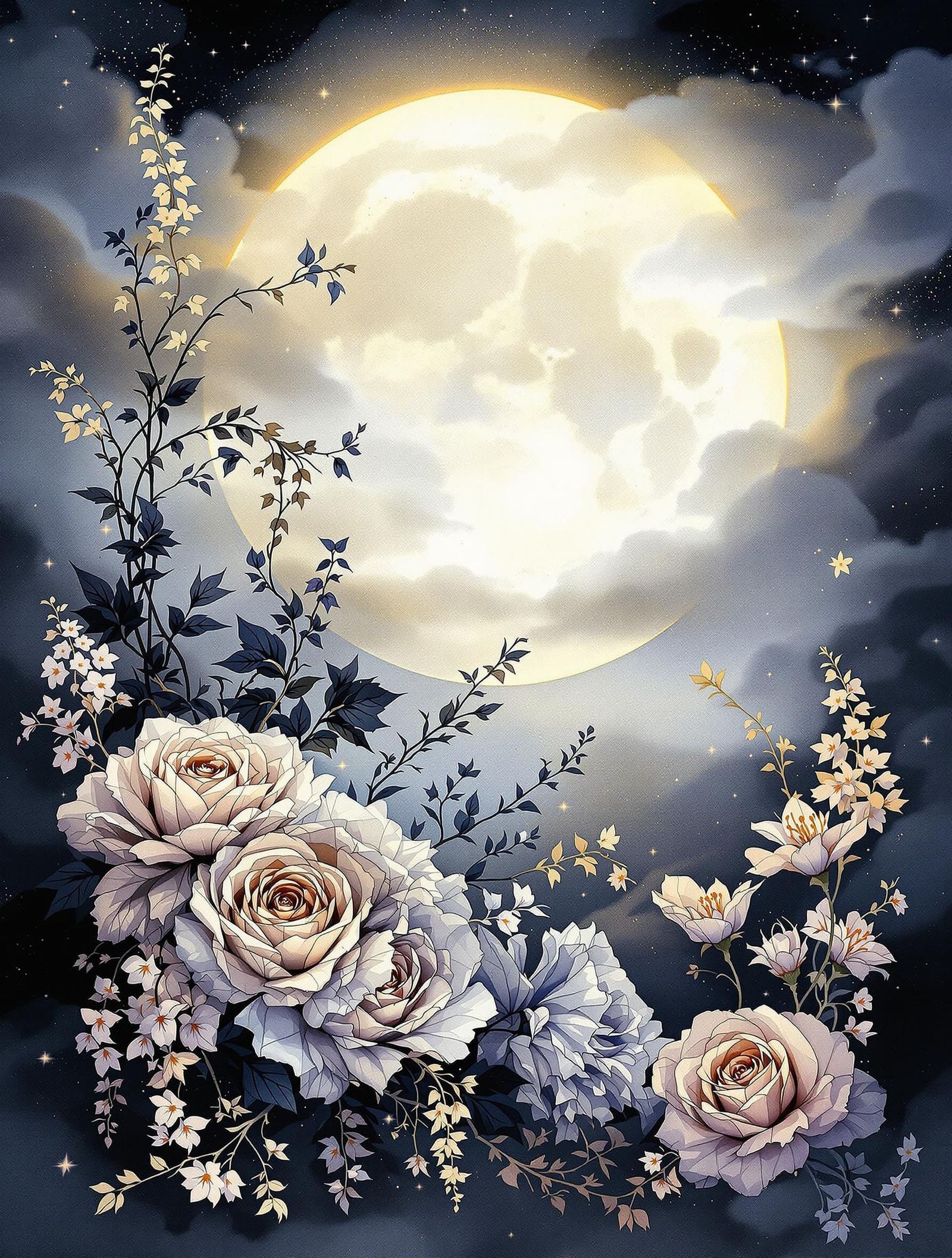 Gothic Romance Moonlit Blooms in Digital Watercolor