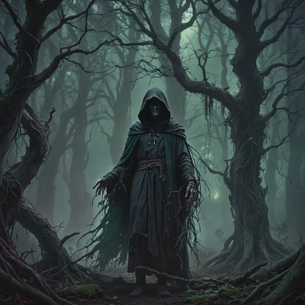 A hooded figure stands alone, surrounded by twisted, decayin...
