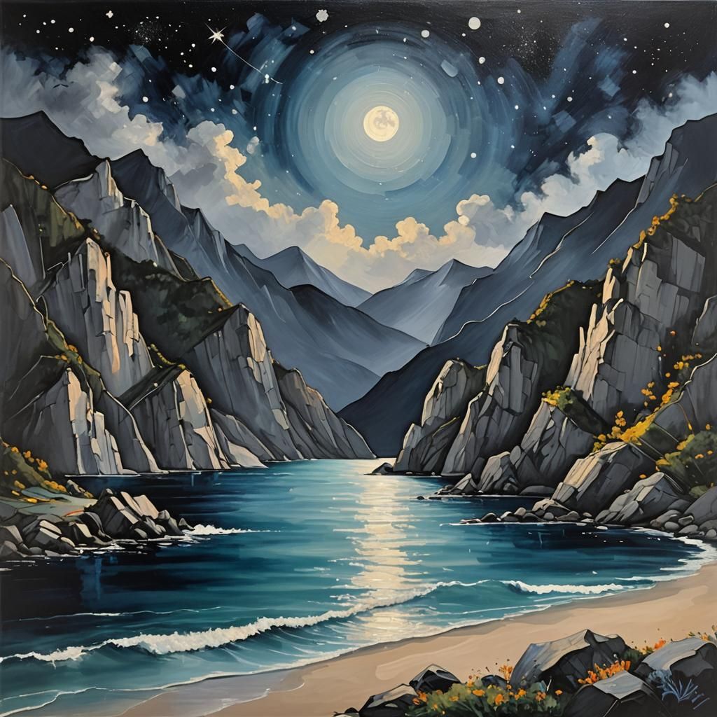 Moonlit Bay Abstract Art with Silver Glow