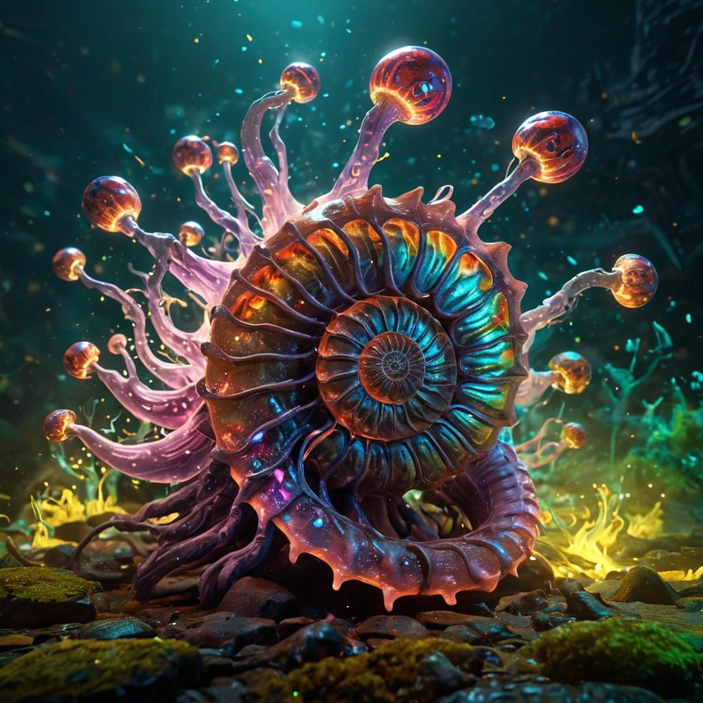 Ammonite Creature with Bioluminescent Shell: Dark Fantasy Ar...