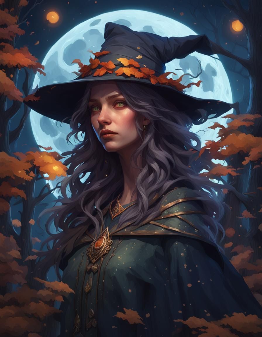 Enchanting Witch Portrait in Moonlit Forest, Digital Art