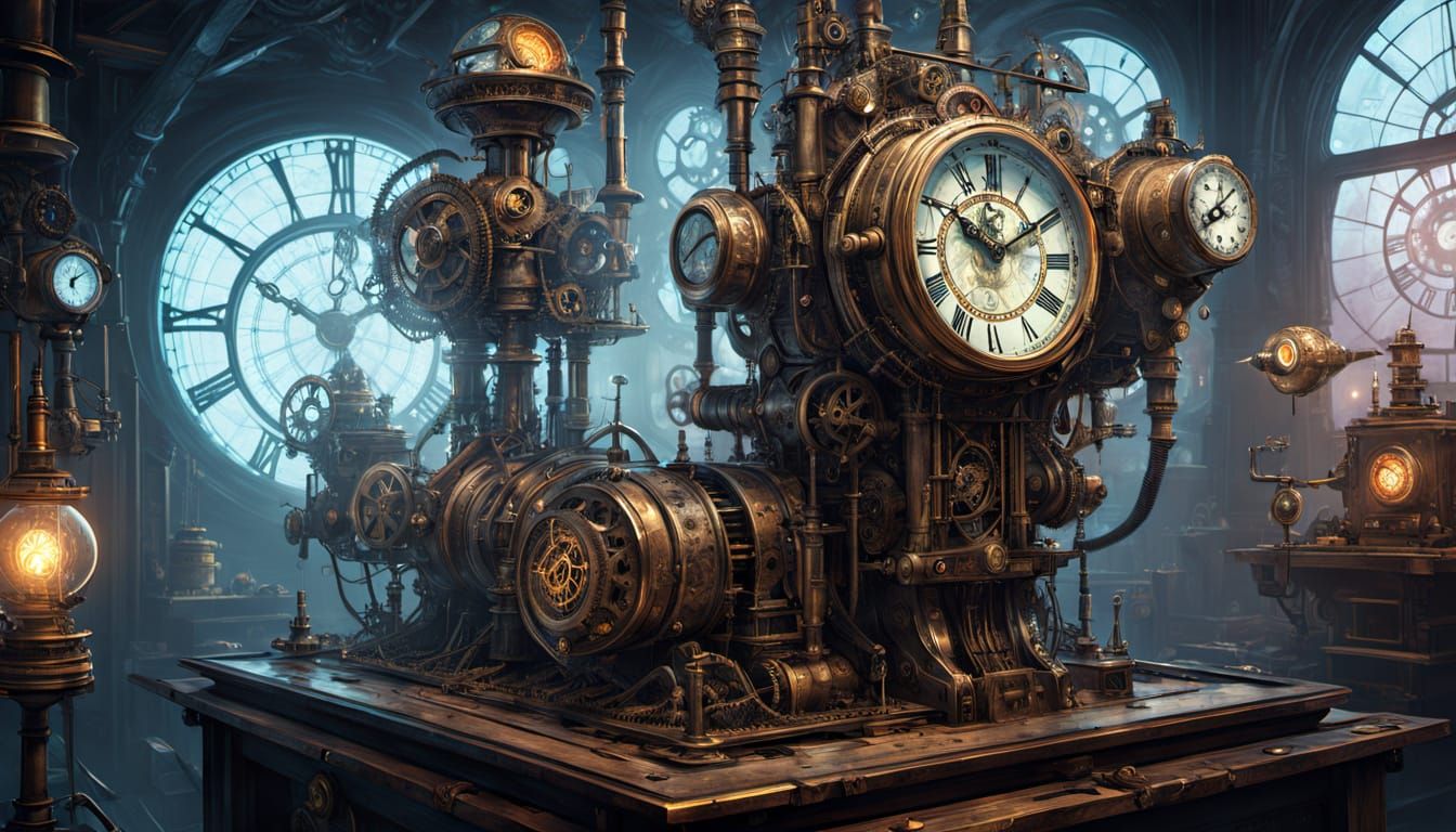 Steampunk Automaton with Clockwork Hair in Workshop