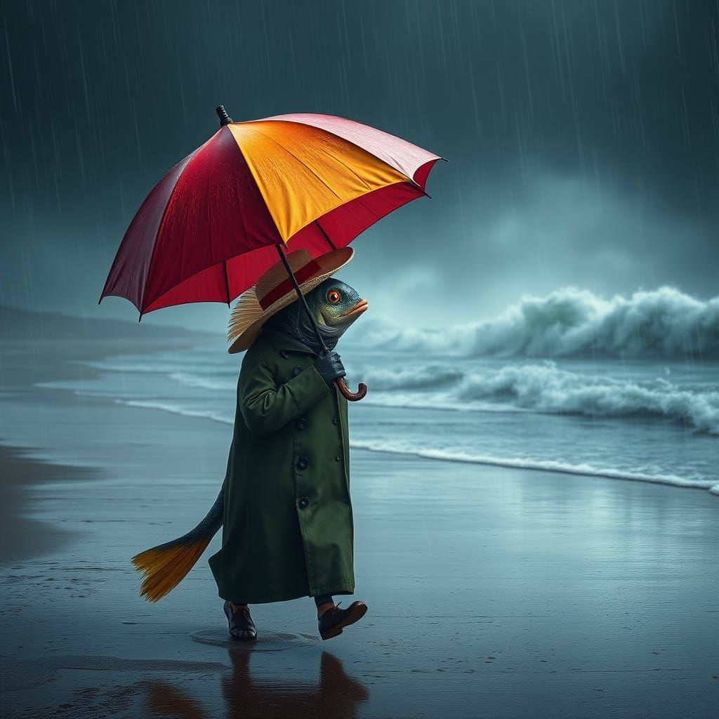 Fantastical Fish Wields Umbrella Against Rainy Stormy Beach