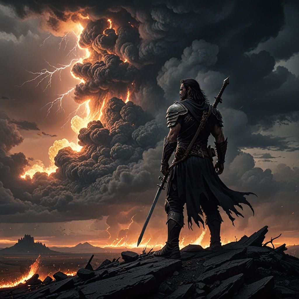 Lone Warrior on Ash Battlefield Against Fiery Sky