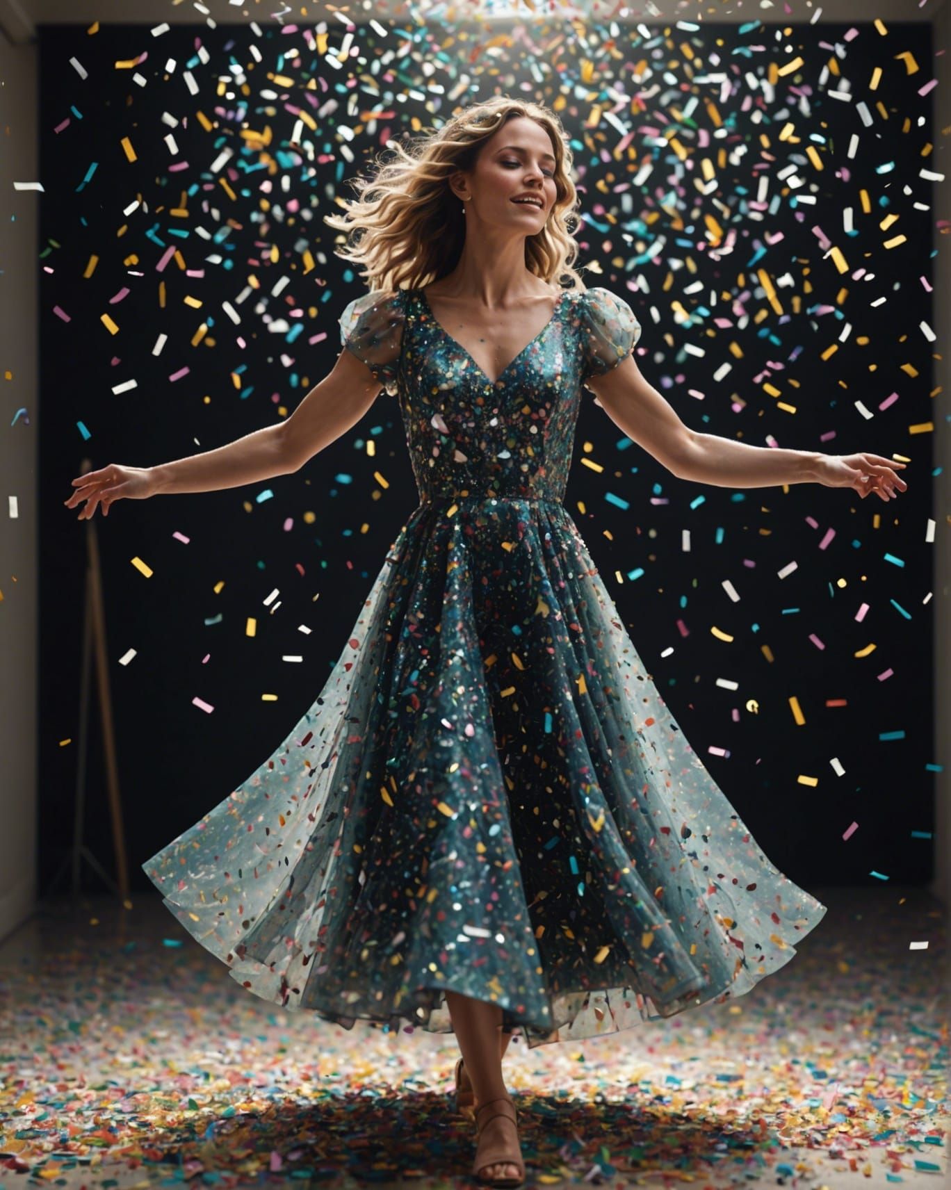 A woman dancing in a dress made from confetti, as she spins ...