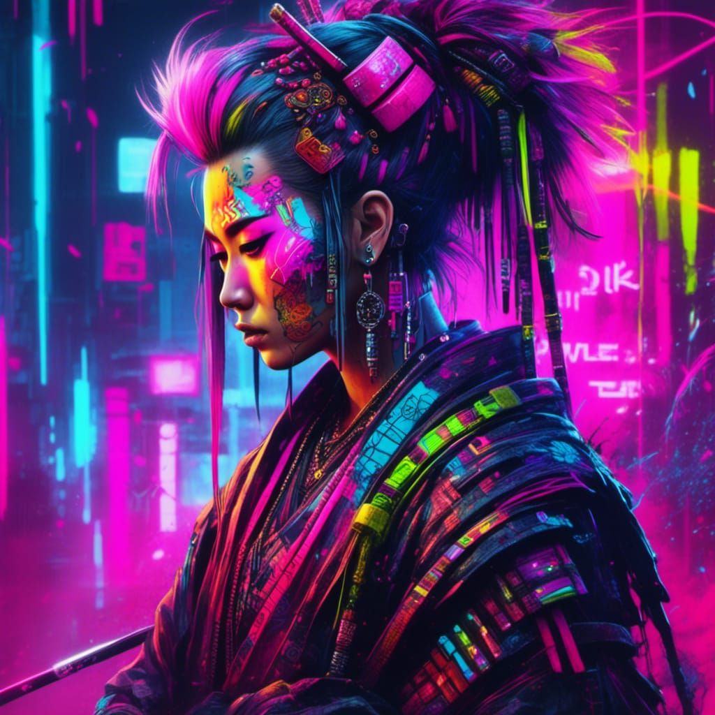 Cyberpunk Samurai Duo in Neon Watercolor