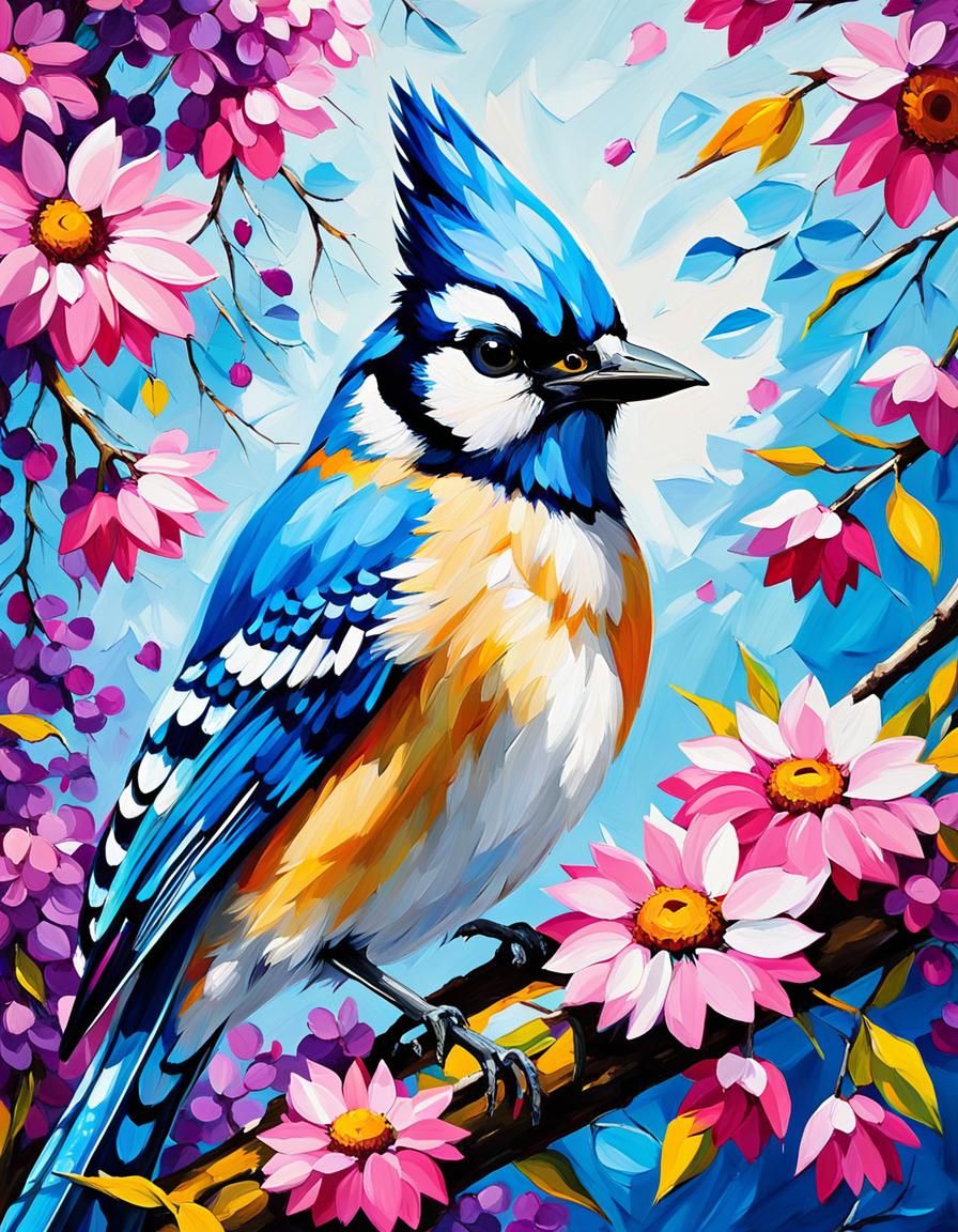 Blue Jay in Floral Tree, Expressionist Oil Painting