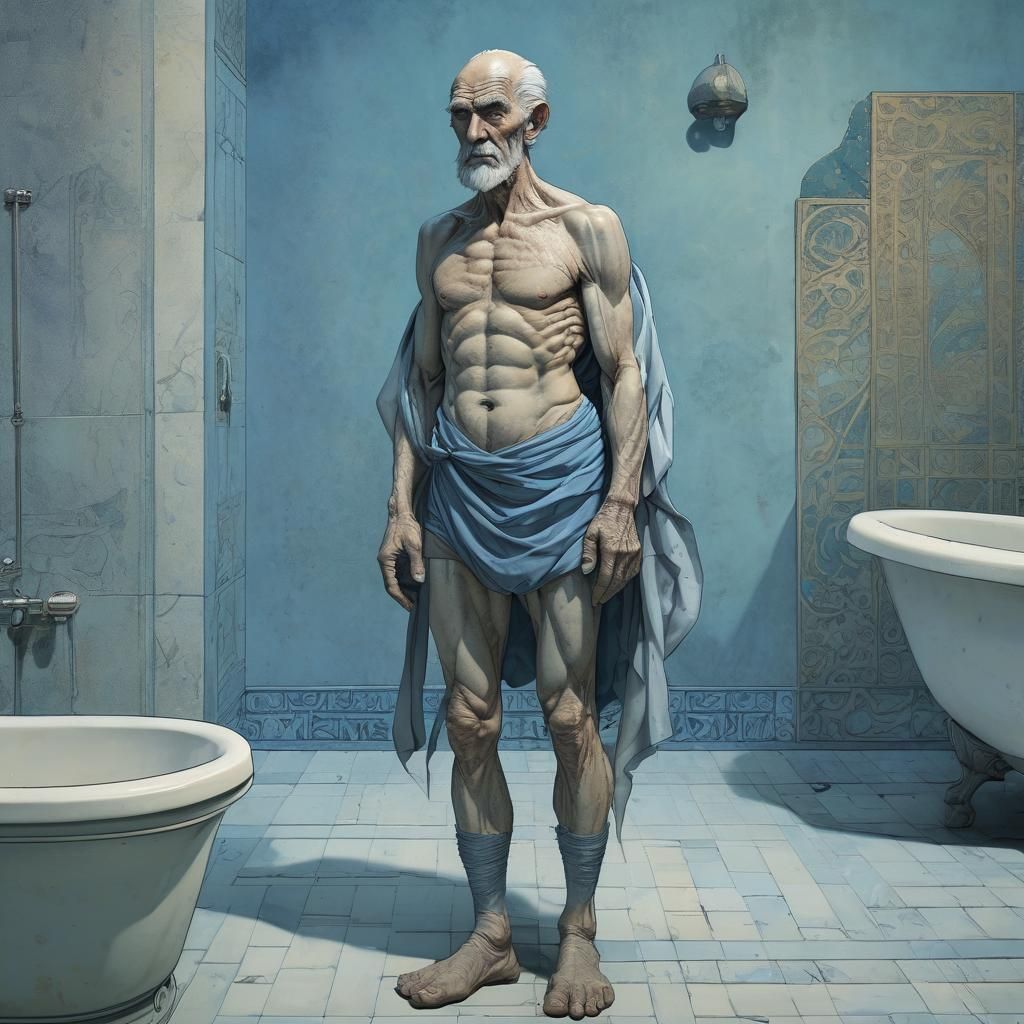Old Man in Bathing Suit, Moebius Style Painting