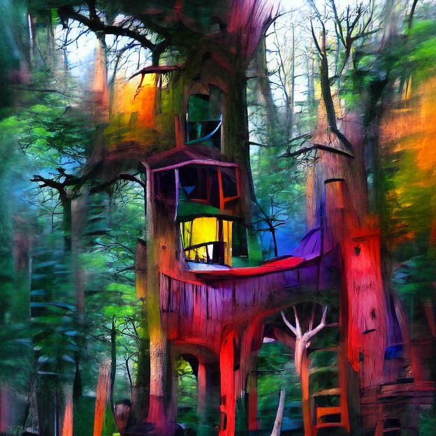 Colorful Treehouse in Deep Sunlit Forest