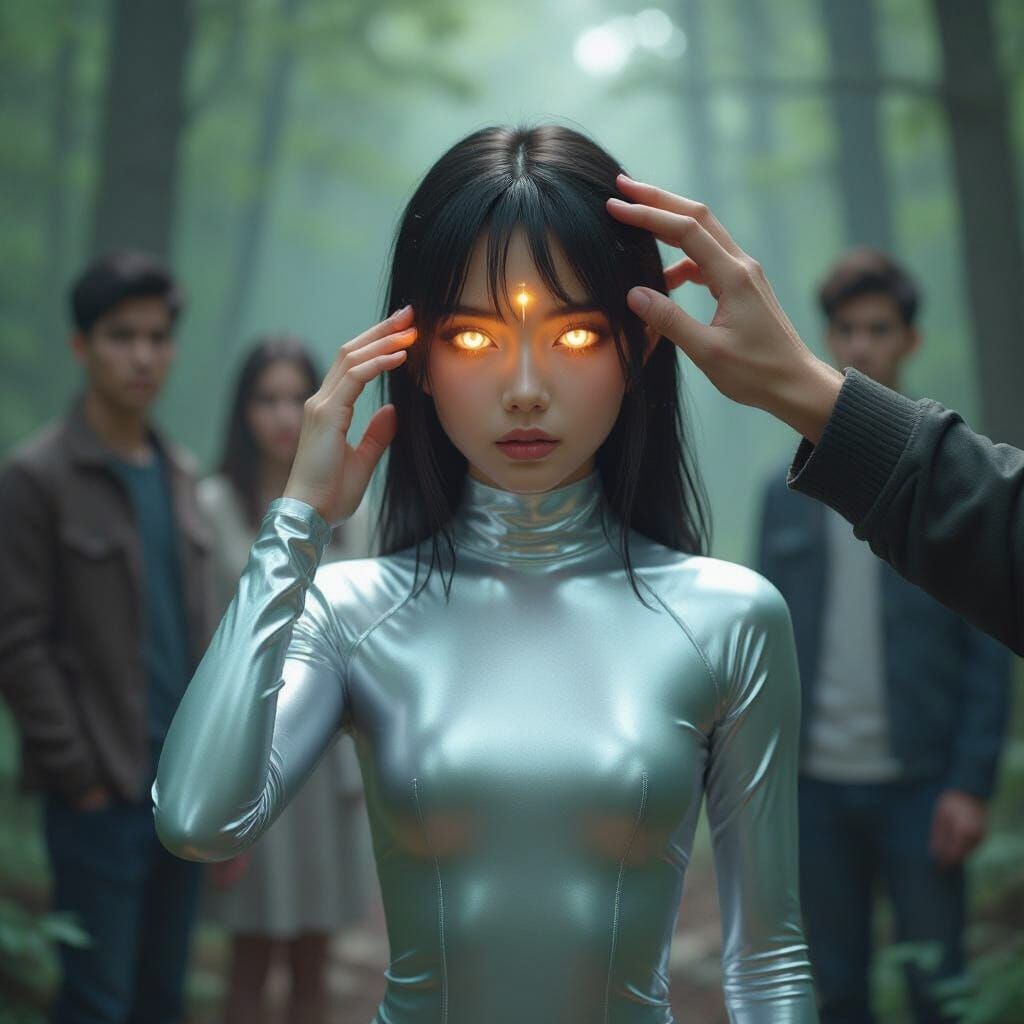 Hypnotized Girl in Silver Spandex in Mystical Forest