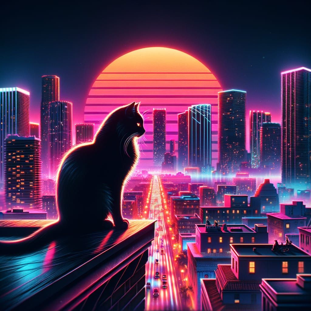Miami Nights: A Retro Black Cat's Neon Kingdom