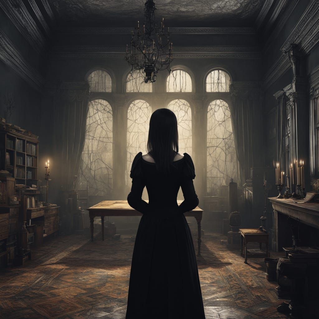 Wednesday Addams in Gothic Mansion, Dark Fantasy Art