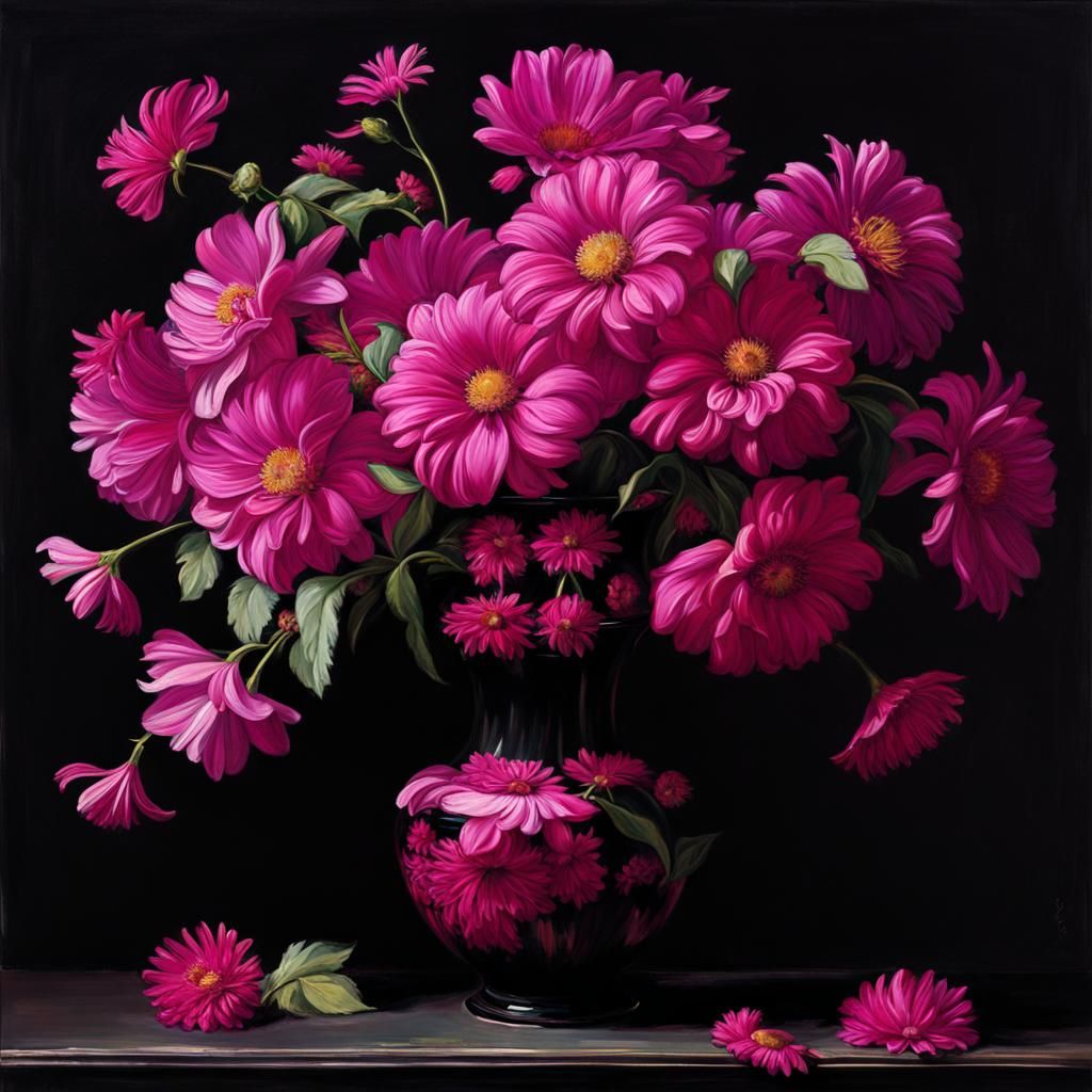 Magenta Flowers in Vase, Pre-Raphaelite Anime Style