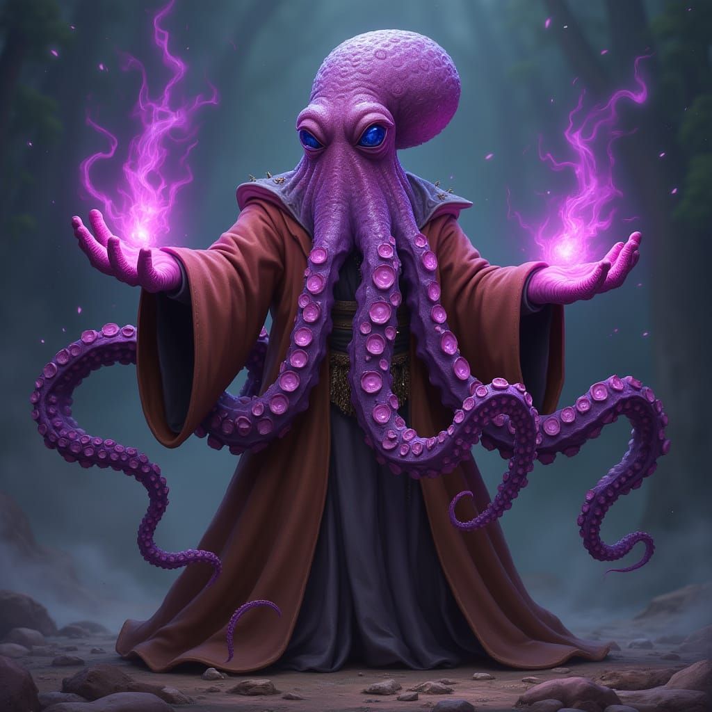 Octopus Sorcerer in Mystical Robes with Lavender Aura