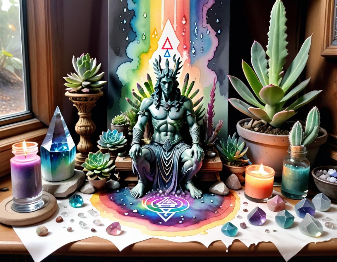 Ares at Altar with Succulents: Watercolour