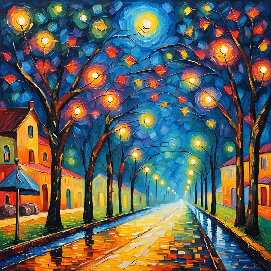 Expressionist Road at Night in Impasto Style