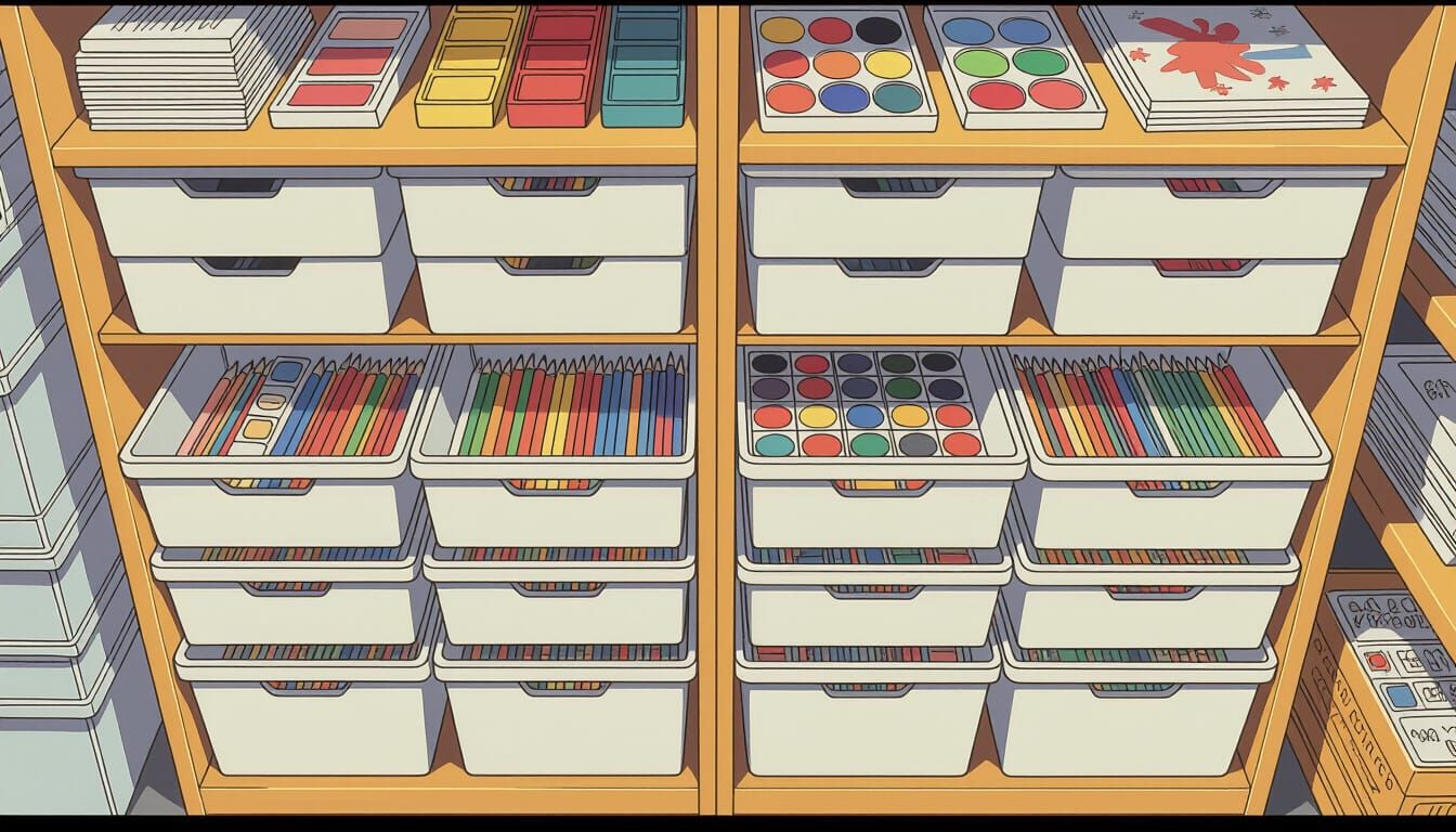 Art Supplies Overflowing in Manga Style Drawers