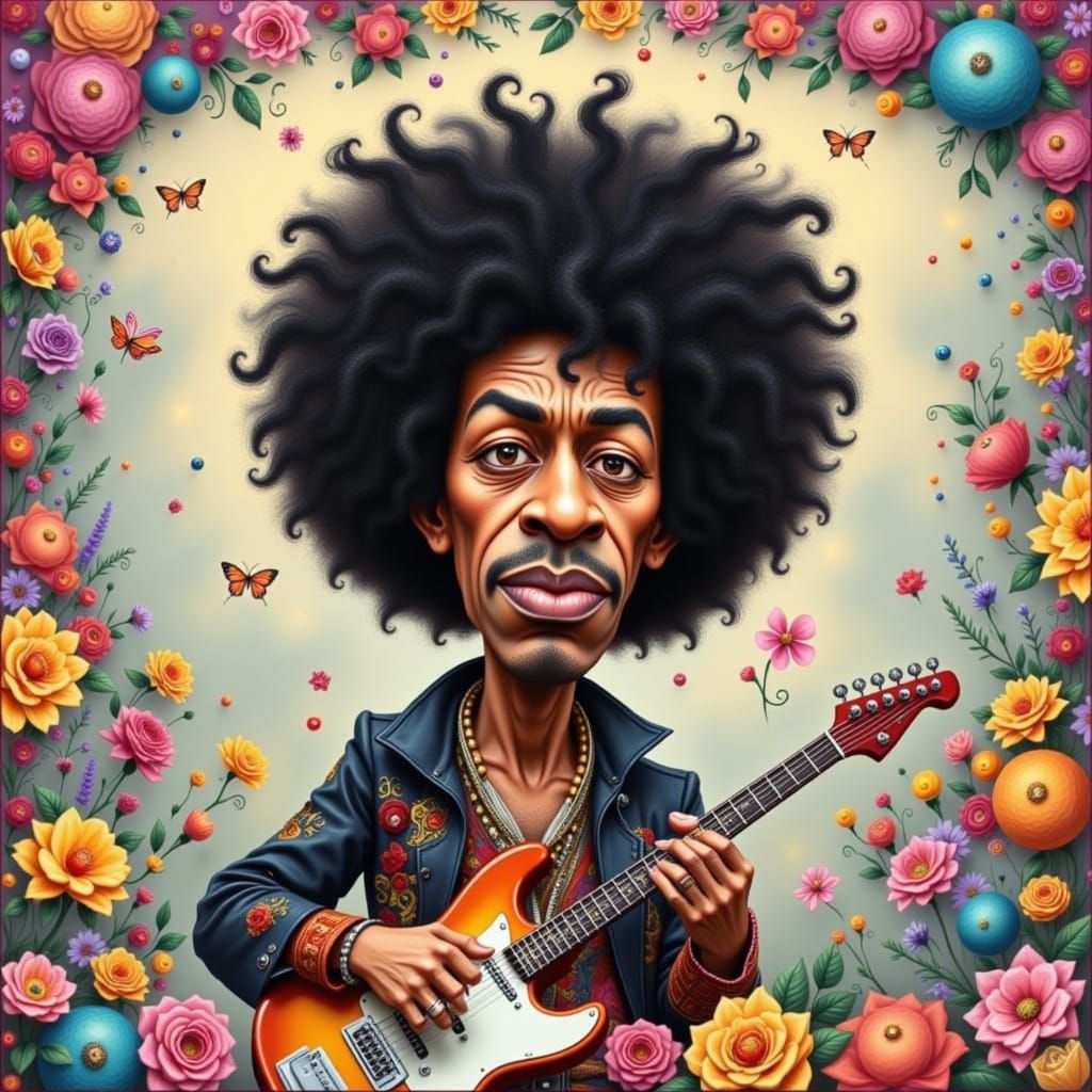 Jimi Hendrix Caricature Playing Electric Guitar