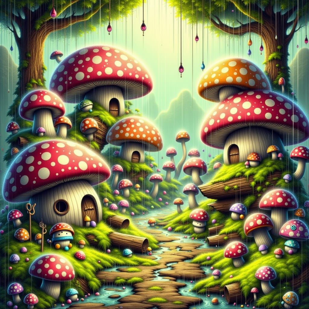 Whimsical Mushroom Village with Frogs in Storybook Style