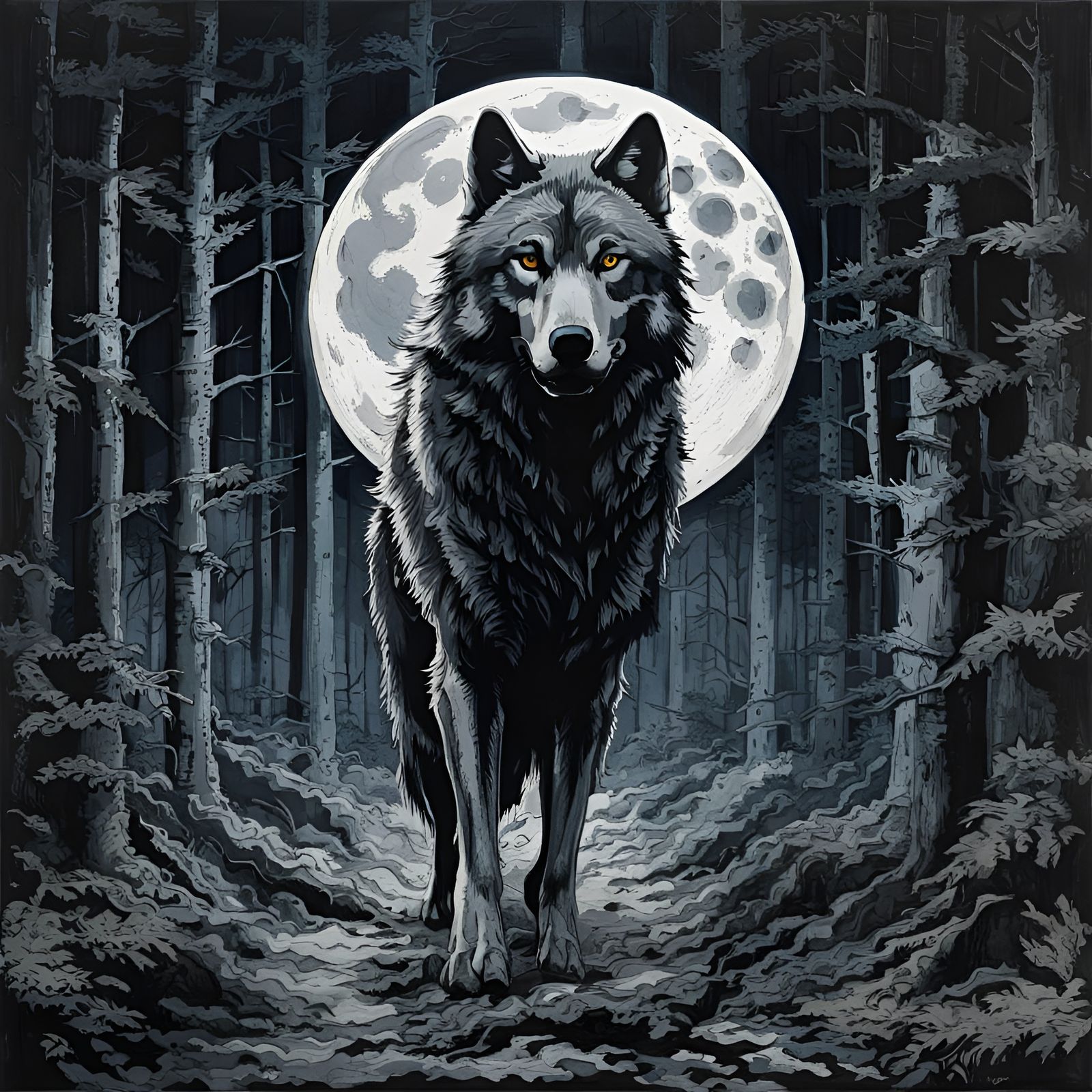 Wolf Portrait in Spooky Forest with Moon