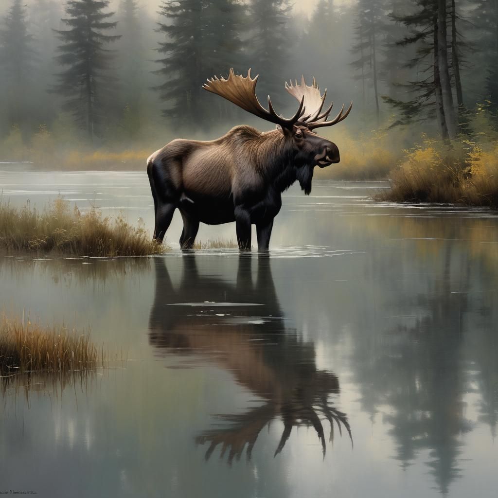 Moose in Misty Landscape: Impasto Oil Painting