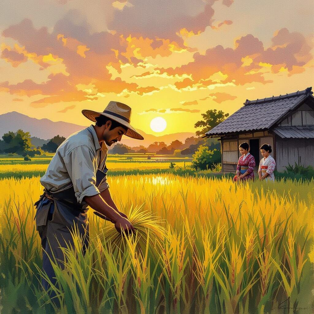 Japanese Rice Field Sunset in Gouache Style
