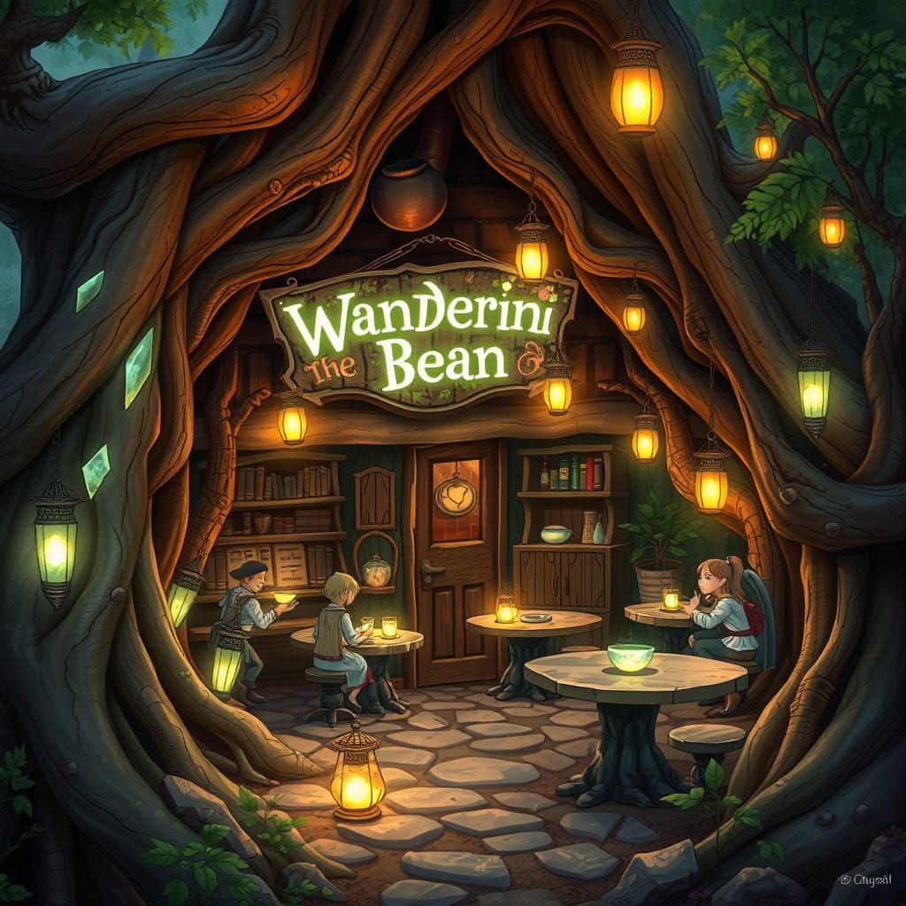 Whimsical Coffee Shop in Twisting Tree Roots and Glowing Cry...